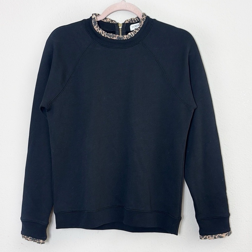 J. Crew Woven ruffleneck pullover sweatshirt in black w/cheetah leopard print S